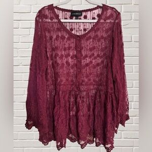 Lane Bryant Burgundy Lace Ethereal Top Sz 14/16 Bell Sleeve Boho Layering Peplum